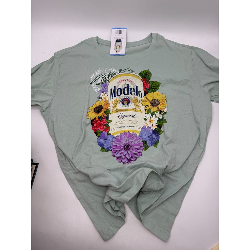 Modelo Especial Beer Floral Graphic T-Shirt Green Cotton Women Large NEW